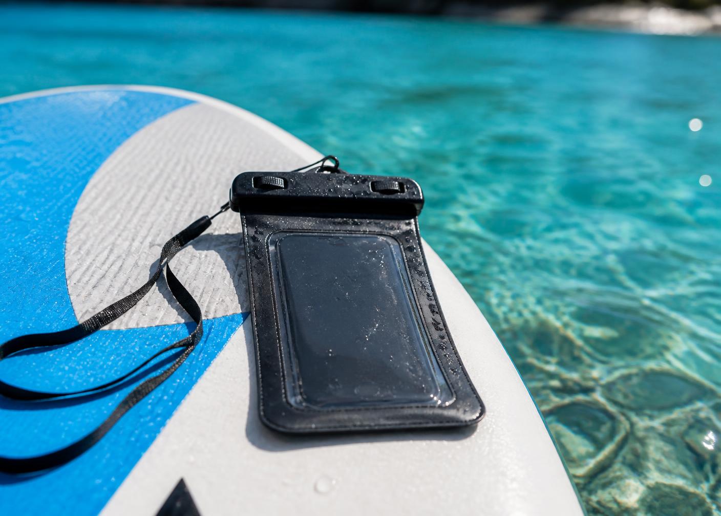 HydroPeak waterproof phone case on a paddleboard by turquoise water